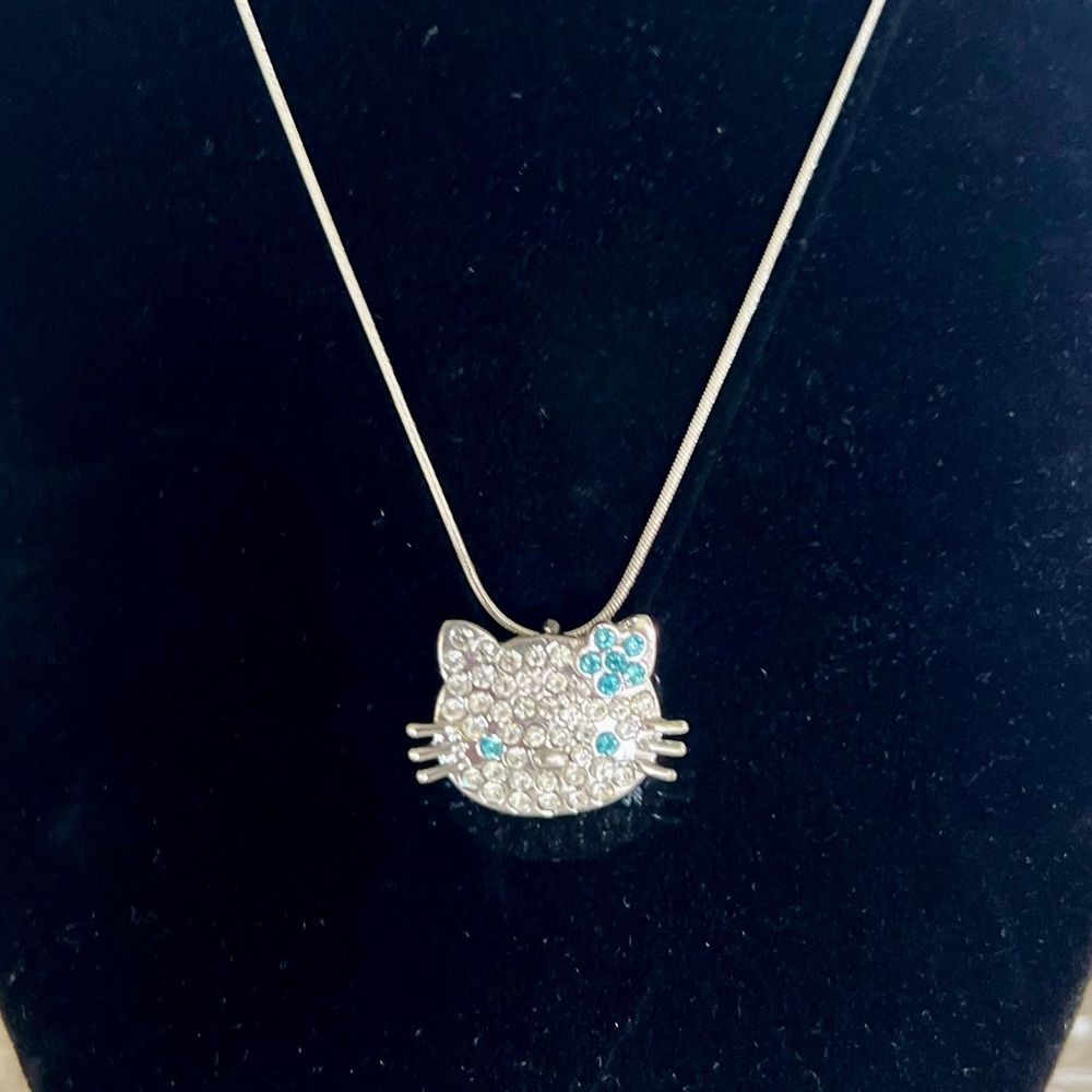 Kitty Crystal Pendant Necklace – Silver Tone with Blue Accents - NWOT